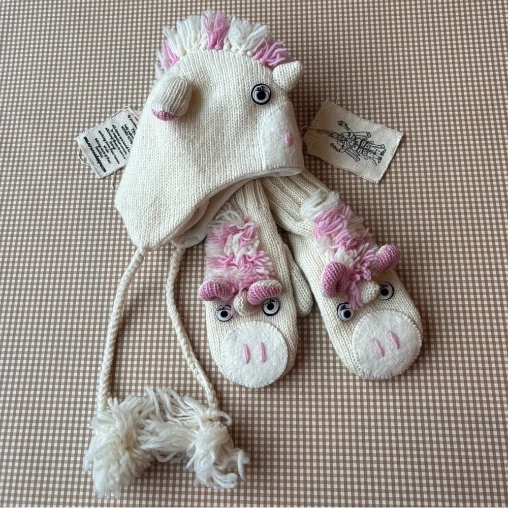 Nirvana Designs Unicorn Hat.Hand Knit + Mittens. wool. Handmade.NEW.M/L youth‎